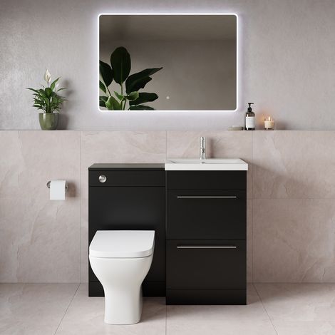 Napoli 390 Matt Black 1000mm 2 Drawer Vanity Unit Toilet Suite with Glide Basin - 1000mm - Chrome 320mm HandleWith Kingston Toilet Pan and Seat