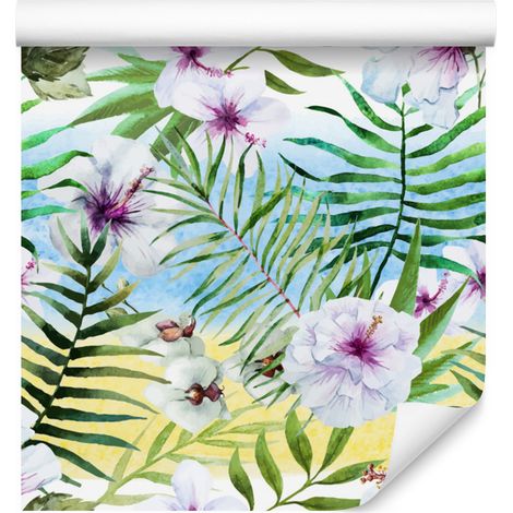 Papier peint à motifs d'hibiscus, d'orchidées et de feuilles de palmier pour salon et chambre 50x1000 cm (1/5)