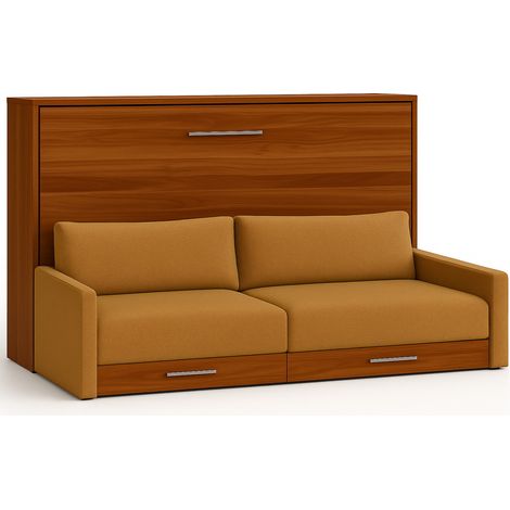 Lit escamotable horizontal avec canapé Vetal 120x200-Canapé Jaune moutarde-Structure et Façade Noyer (1/5)