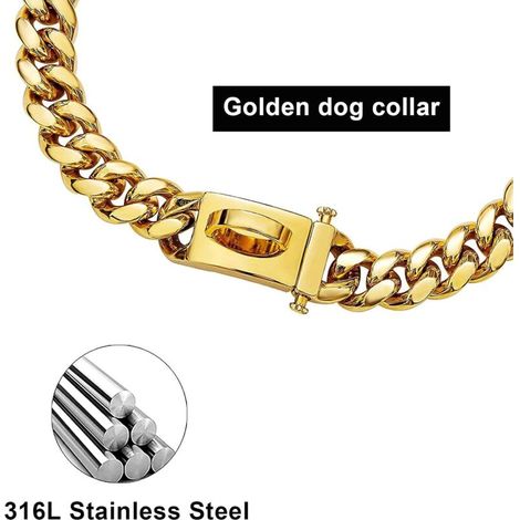 Collare per cani color oro con fibbia di sicurezza. Collare guinzaglio resistente in acciaio inossidabile, ideale per cani che masticano. (1/3)