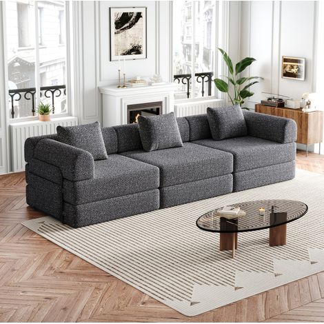 Sofá cama modular de chenilla gris con compartimento en el reposabrazos (1/5)