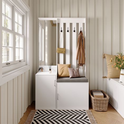Mobile da ingresso con appendiabiti e panca porta scarpe - Scarpiera - ganci - 100x40x180 cm - stile moderno - Bianco