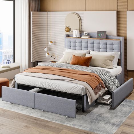 Lit rembourré 140x200 cm, lit double, table de chevet avec port de chargement USB et étagère, lit double plat avec 4 tiroirs, tissu lin gris (1/5)
