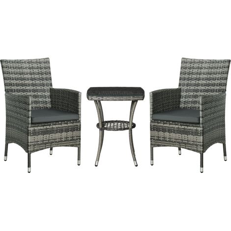 Outsunny 3 Pieces Rattan Bistro Set, Wicker Garden Furniture Set with 2-Tier Coffee Table and Chairs, Washable Cushions, for Outdoor Patio Balcony, Mixed Grey (1/5)