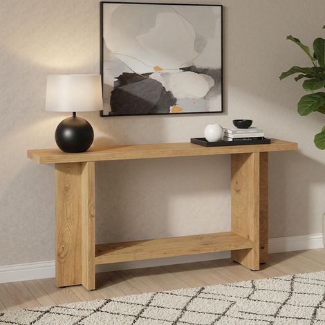 2-stufiger Konsolentisch – 150 x 30 x 80 cm – langer, schmaler Tisch mit Holzmaserung – für Eingangsbereich, Flur oder Wohnzimmer (Eiche)