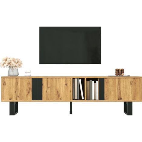 Salon ordonné avec ce meuble TV en bois, portes à frein, niches ouvertes, pieds noirs (1/5)