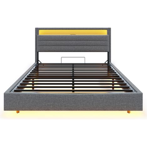 Letto imbottito 140 x 200 cm con contenitore idraulico, USB, LED, grigio (1/5)