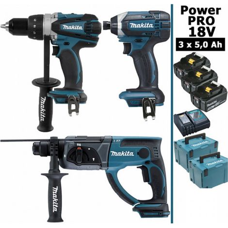 Pack Makita Power PRO 18V: Perceuse 91Nm DDF458 + Perfo 2J DHR202 + Visseuse à chocs 165Nm DTD152 + 3 batt 5Ah + 2 Coffrets (1/6)