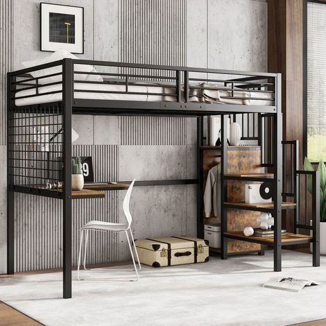 Lit Mezzanine 90x200cm avec Bureau et Armoire - Escalier - lit simple - garde-corps de sécurité - lit ado - Noire (1/5)