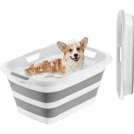 Baignoire Pliable pour Animaux de Compagnie 34 L, Baignoire Portable pour Petits Chiens et Chats, Bassin de Toilettage en PP et TPR, Design Compact, pour Intérieur et Extérieur, Gris et Blanc (1/5)