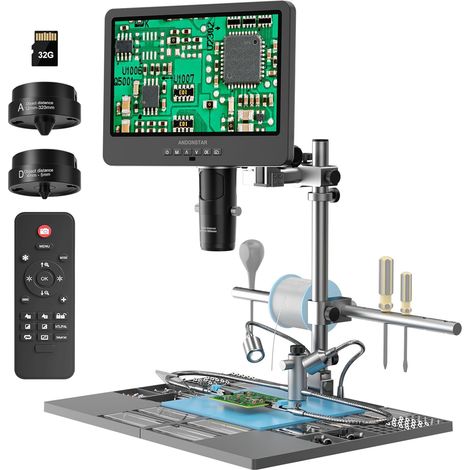 Microscope numérique à souder HDMI 10,1'' pour réparation électronique, enregistrement vidéo 2000x 3 lentilles 2160p UHD, station de microscope à souder avec mains aidantes (1/5)