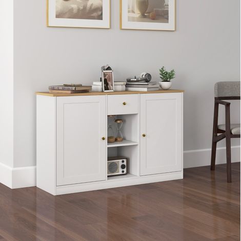 Credenza contenitore con cassetto, 2 ante e 2 nicchie, 120 x 35 x 75,2 cm, bianca DESVIAE (1/5)