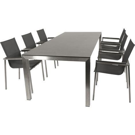 MELBOURNE: Garnitur 7-teilig (6x Stapelsessel mit Armlehnen, 1x Ausziehtisch 180/240x100cm rechteckig), Gestell Edelstahl poliert,  Bezug Kunstgewebe grau mit Polsterung, Tischplatte Glas in Keramikop