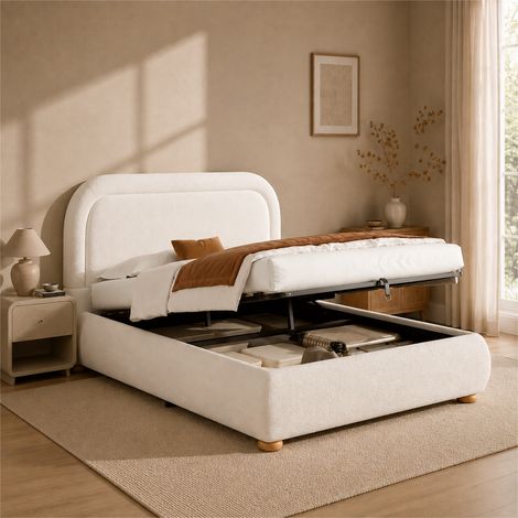 Cama tapizada, cama doble, 160 x 200 cm, cama ajustable hidráulicamente, base de láminas, cabecero y amplio espacio de almacenamiento, cabecero tapizado, tejido blanco con bucles (1/5)