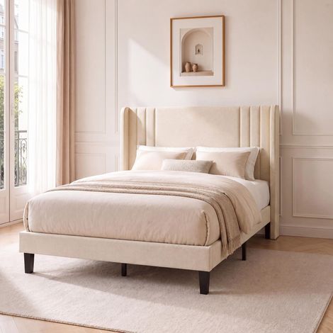 Letto matrimoniale imbottito 140x200 cm con rete a doghe, testiera a righe e rivestimento morbido in tessuto effetto lino, Beige (1/5)