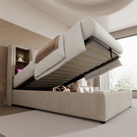 Lit rembourré 90x200 avec rangement, sommier à lattes bois, housse lin gris, chargeur USB‑C – 1 place (1/5)