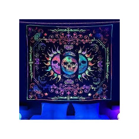 Schwarzlicht-Wandteppich mit Sonne, Mond und Sternen, UV-reaktiver Totenkopf-Wandteppich, psychedelischer Schwarzlicht-Skelett-Wandteppich für die Schlafzimmerästhetik