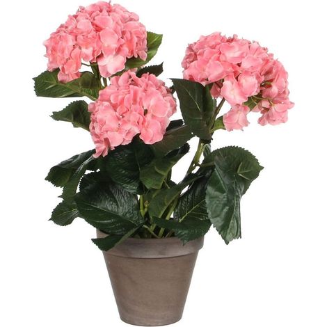 Plante Artificielle Hortensia Rose avec Pot en Terre Cuite Gris Basalte H40 x Ø35 cm - PANGIVO (1/4)