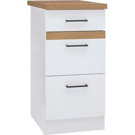 JUNONA Meuble bas de cuisine 40 cm - 3 tiroirs + plan de travail - Blanc brillant (1/4)