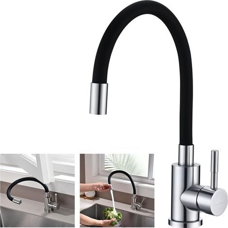 Robinet Cuisine Flexible, Mitigeur Cuisine Noir avec Bec Flexible, Robinet Evier de Cuisine, Robinetterie Cuisine, Mitigeur Evier Pivotant À 360°, Acier Inoxydable, Noir (1/5)