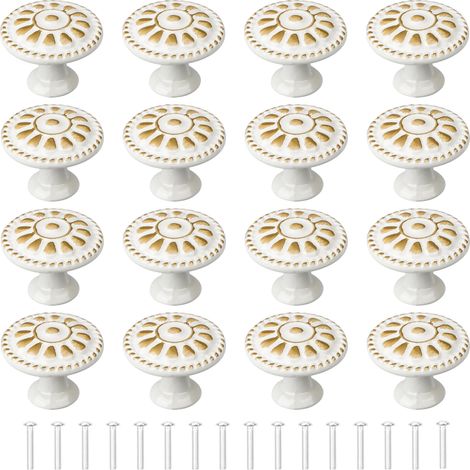 Bouton de Porte Blanc 16Pcs Poignee de Meuble Cuisine Boutons de Tiroir Boutons de Placard Vintage Ronds Poignées Bouton de Meuble Avec Vis Pour Commode Placard Cuisine (1/4)