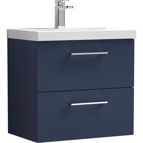 Balterley Contemporary Bathroom Wall Hung 2 Soft-Close Drawer Vanity Unit & Mid-Edge Ceramic Basin, Midnight Blue, 600 mm