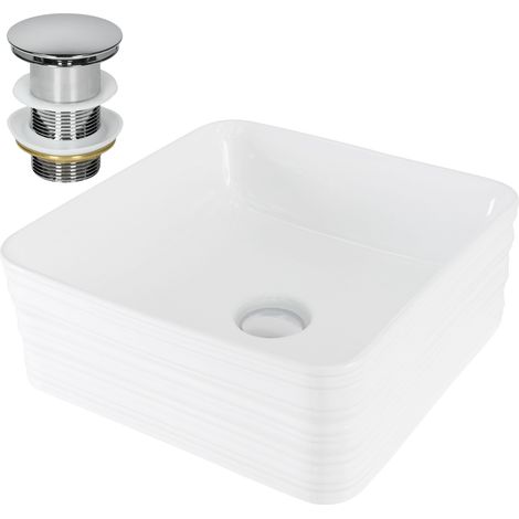ML-Design Lavabo da Appoggio in Ceramica Bianco Lucido Quadrato 39 x 39 x 15 cm Lavandino con Set di Scarico in Ottone Cromato Lavello Lavamani Piletta Drenaggio Sanitari per Bagno in Design Moderno
