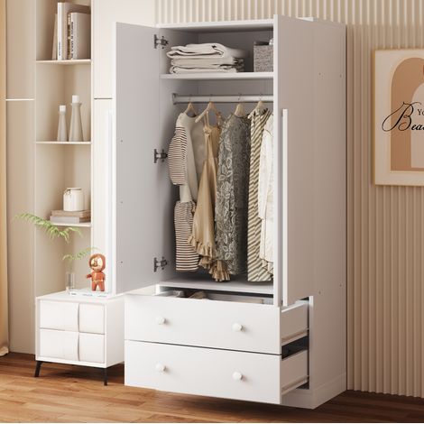 Armoire 2 portes avec 2 tiroirs 70x40x170 cm blanc, panneaux de bois et métal FloraGrace (1/5)