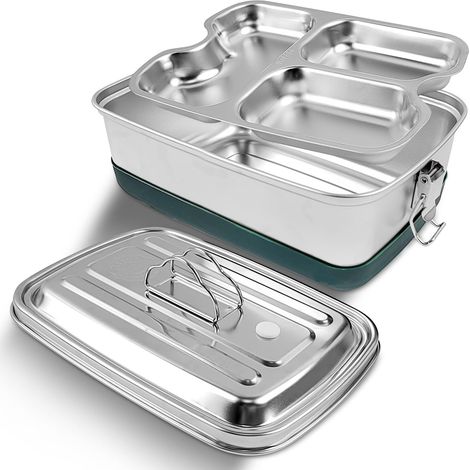 Boîte à lunch - Boîte à goûter - Boîte à goûter compartimentée - Boîte à lunch double couche - 2000 ml - Boîte bento - Boîte à goûter - Boîte à lunch fermée avec couvercle - Argent - Acier inoxydable (1/5)