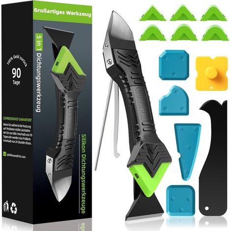 Kit d'outils pour joints en silicone 5 en 1 – Grattoir à joints avec 6 embouts et patins interchangeables – pour cuisine, salle de bain, sol, évier, fenêtre (1 kit) (1/5)