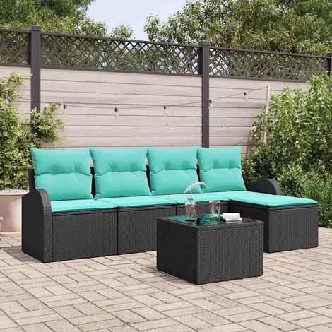 Ensemble salon de jardin 6 pièces modulable en polyrotin noir et turquoise - PANGIVO (1/5)
