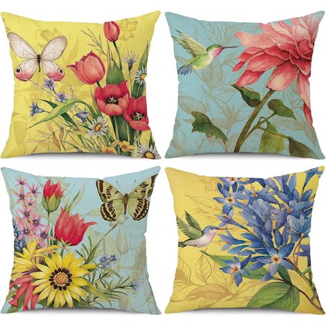 Lot de 4 housses de coussin (45 x 45 cm) sans garniture, en lin. Housses décoratives pour voiture, motif fleurs et papillons. Idéales pour canapé, salon et extérieur. Couleurs : jaune et vert. (1/5)