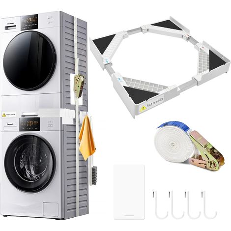 Kit de Superposition Lave Linge Seche Linge Universel, Support Machine a Laver avec 8 Patins Anti Vibrations et Cordes à Cliquet, Cadre Réglable 44.5 à 70 CM, 4 Crochets, Blanc (1/5)