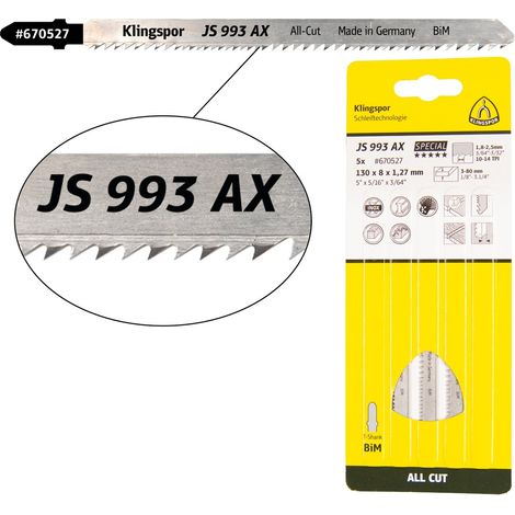 Klingspor JS 993 AX Stichsägeblätter, 132 x 8 x 1,27 mm Nutzlänge 110Bi-Metall, gefräst, geschränkt , 10-14 Zähne pro Zoll, SB-verpackt im Karton