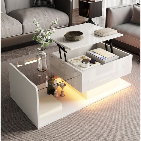 Tavolino rialzabile bianco lucido con piano in vetro e illuminazione LED (1/5)