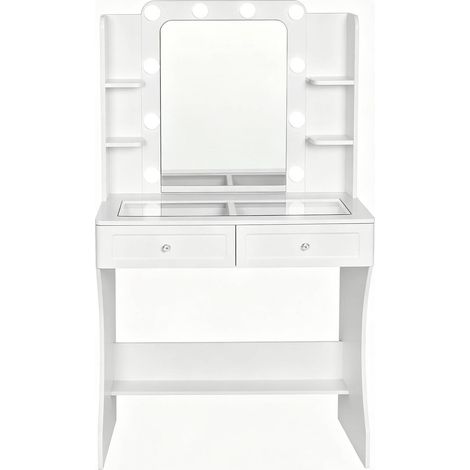 Coiffeuse blanche avec miroir et éclairage LED tricolore, plateau en verre trempé, 80x135x40 cm (1/5)