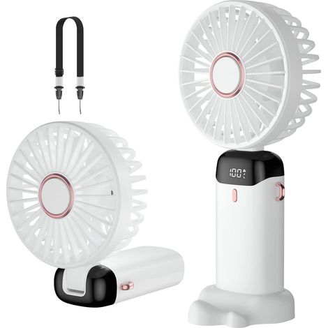 Ventilador portátil, recargable por USB, 5 velocidades con base, batería de 4200 mAh, plegable, para oficina y uso en exteriores (blanco) (1/5)