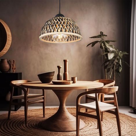 Lampe suspension suspension lampe suspension lampe suspension table à manger, bohème bambou métal noir naturel, 1x douille E27, DxH 30x120cm