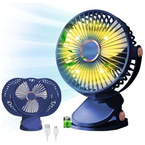 Ventilador de escritorio USB, 3 velocidades, con clip, rotación de 360°, batería recargable, portátil para oficina, hogar, dormitorio, camping al aire libre, color azul. (1/4)