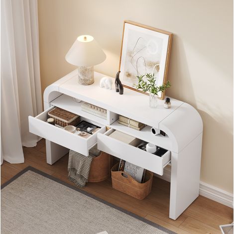 Table console 120x35.5x76.5 cm blanche en MDF avec 2 tiroirs, niches ouvertes et pieds réglables (1/5)