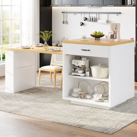 Îlot de cuisine extensible avec éclairage LED, meuble moderne à 2 tiroirs et étagères réglables, buffet à portes en verre cannelé, plan de travail en MDF pour salle à manger (1/5)