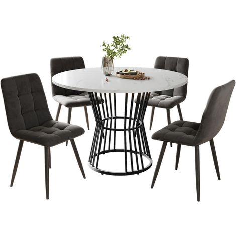 Table ronde 100cm MDF blanc,pieds métal noir,4 chaises velours gris foncé (1/5)