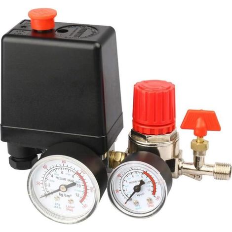Régulateur de Pression Compresseur 725-175 PSI, Pressostat 220V avec Double Manomètre Compatible avec Cuve (1/5)