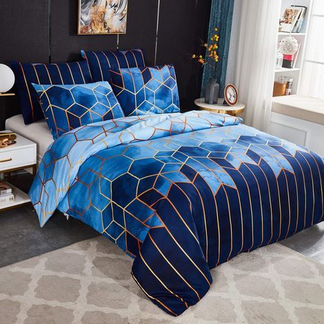 Sets Housse de Couette 200x200 cm avec 2 x Taies d'oreiller 50x70 cm,Mode Unique 3D Géométrique Imprimé Boho Microfibre Literie Parure de Lit Linge de Lit avec Fermeture Éclair pour 2 Personnes,Bleu (1/5)