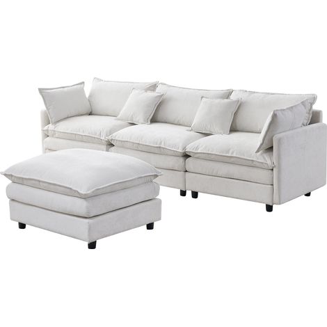 Divano angolare modulare 3 posti in ciniglia premium con chaise longue e pouf beige (1/5)