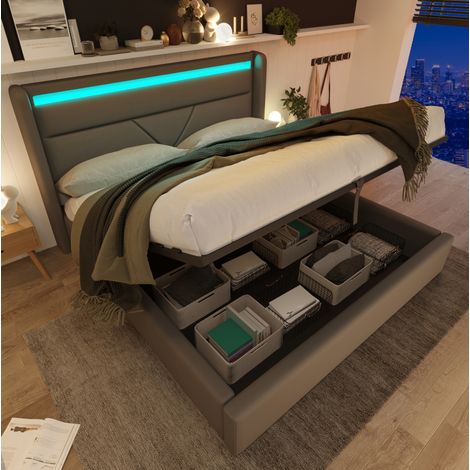 Bett Doppelbett Stauraum 160x200 LED Grau HAVRYA (1/5)