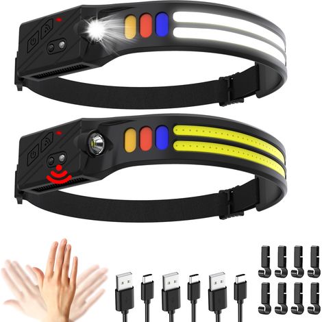 Linterna frontal LED ultrapotente, 2000 lúmenes, ángulo de haz de 230°, recargable por USB, sensor de movimiento, resistencia al agua IPX5, peso ligero de 0,14 lb, para pesca, camping, ciclismo y runn (1/5)