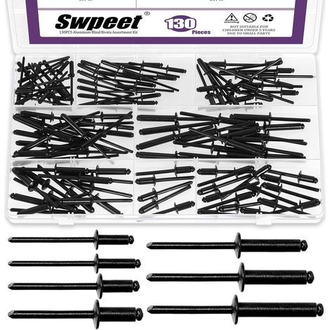 130pcs 7 tailles rivets aveugles en aluminium à bride noire grande Kit d'assortiment, Rivets pop aveugles en aluminium avec poignée en aluminium et tige en acier rivets aveugles pour métal (1/5)