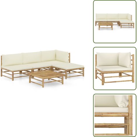 The Living Store Set Divani da Giardino 6 pz con Cuscini Bianco Crema in Bambù - Set da giardino