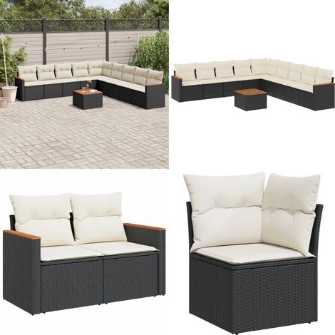 Salon de jardin 10 pcs avec coussins noir résine tressée - Ensemble Salon De Jardin - Mobilier Extérieur - Jardin Design - Chaise Lounge - Table Basse - Home & Living (1/5)